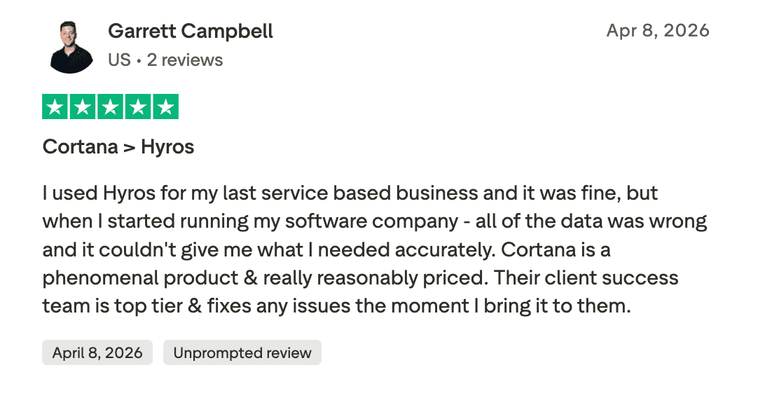 Original Trustpilot review by Garrett Campbell: Cortana > Hyros