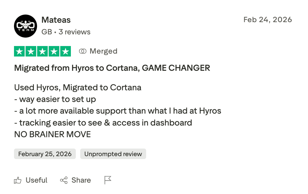 Original Trustpilot review by Mateas: Migrated from Hyros to Cortana, GAME CHANGER
